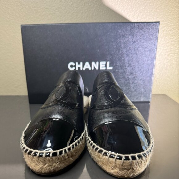 CHANEL Black Patent CC Backless Double Sole Espadrille Slide Mule Flat 41 - Picture 2 of 11